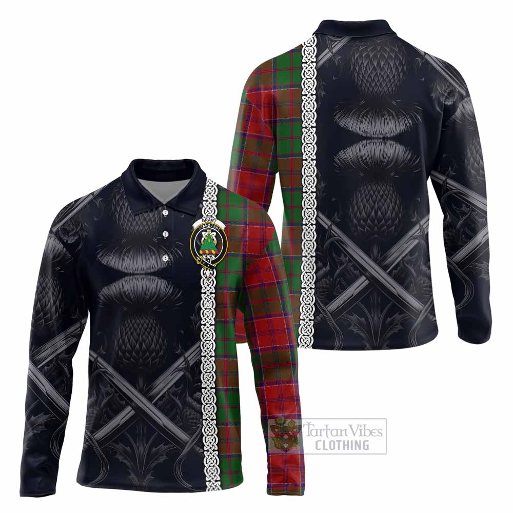 Tartan Vibes Clothing Grant Tartan Long Sleeve Polo Shirt with Family Crest Cross Sword Thistle Celtic Vibes