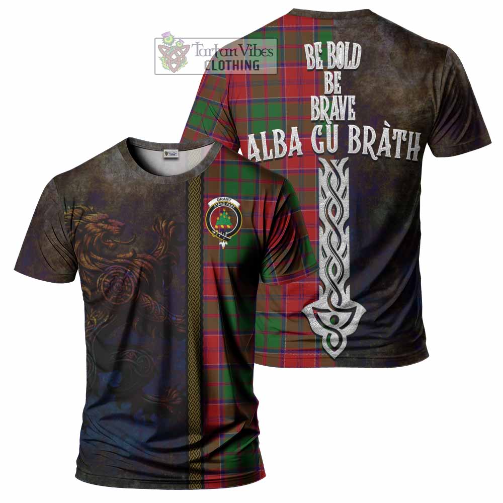 Tartan Vibes Clothing Grant Tartan Family Crest T-Shirt Alba Gu Brath Be Brave Lion Ancient Style