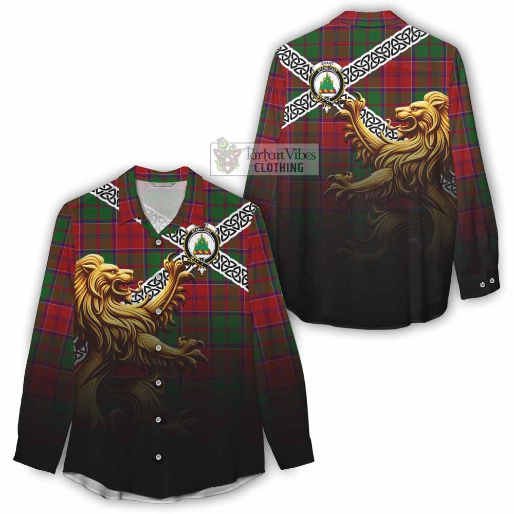 Tartan Vibes Clothing Grant Crest Tartan Women's Casual Shirt with Golden Lion Emblem Celtic Style