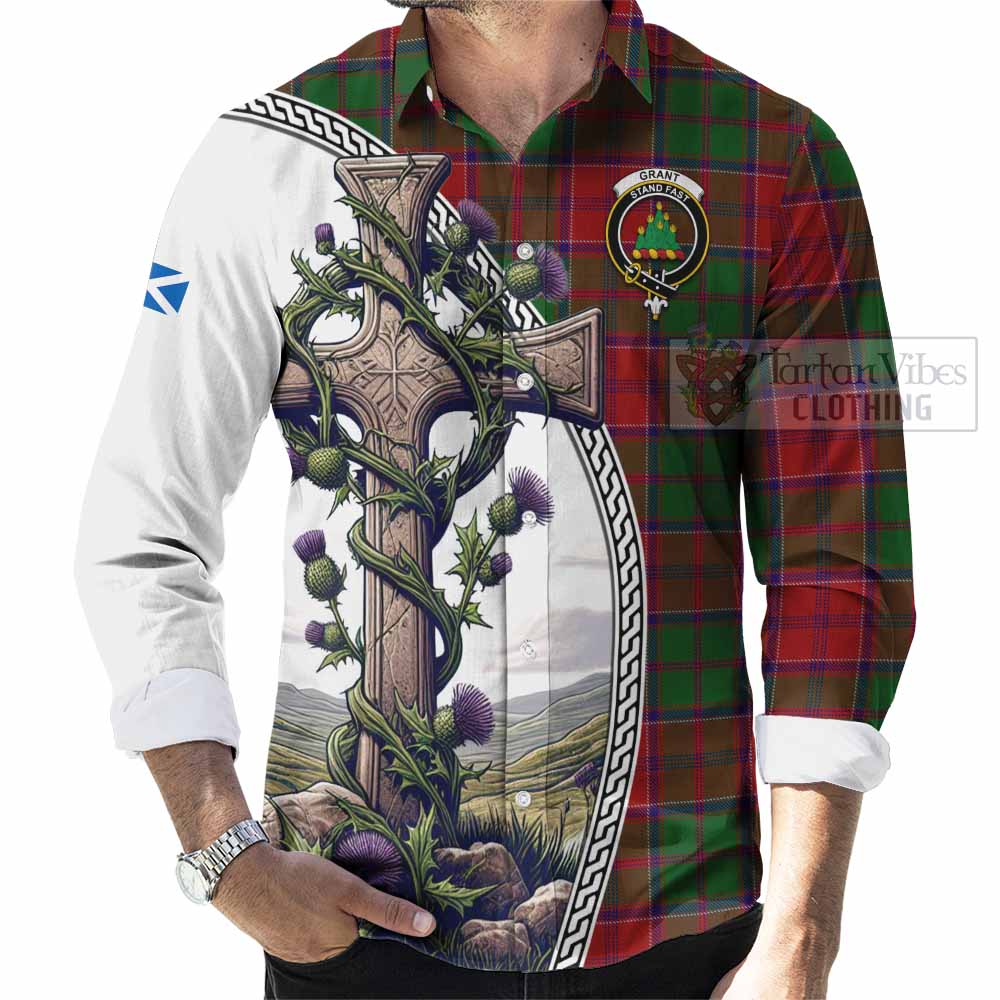 Tartan Vibes Clothing Grant Tartan Long Sleeve Button Shirt with Family Crest and St. Andrew's Cross Accented by Thistle Vines