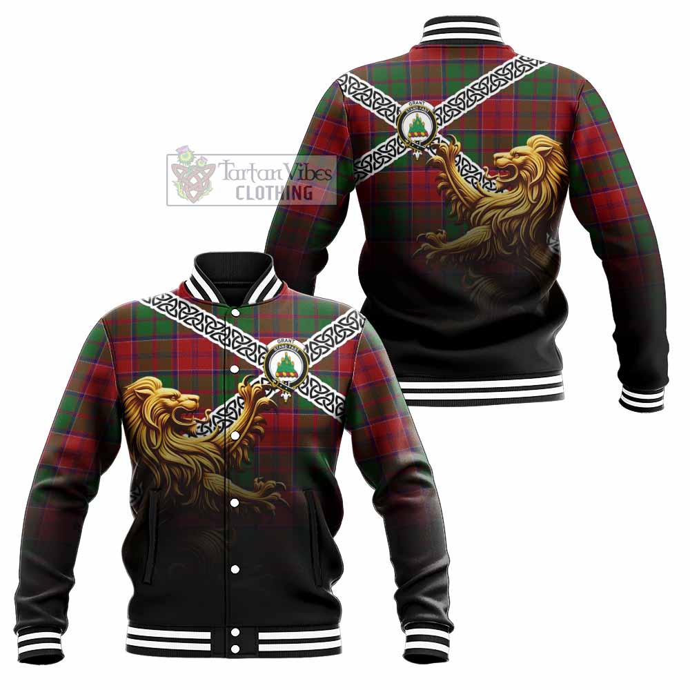 Tartan Vibes Clothing Grant Crest Tartan Baseball Jacket with Golden Lion Emblem Celtic Style