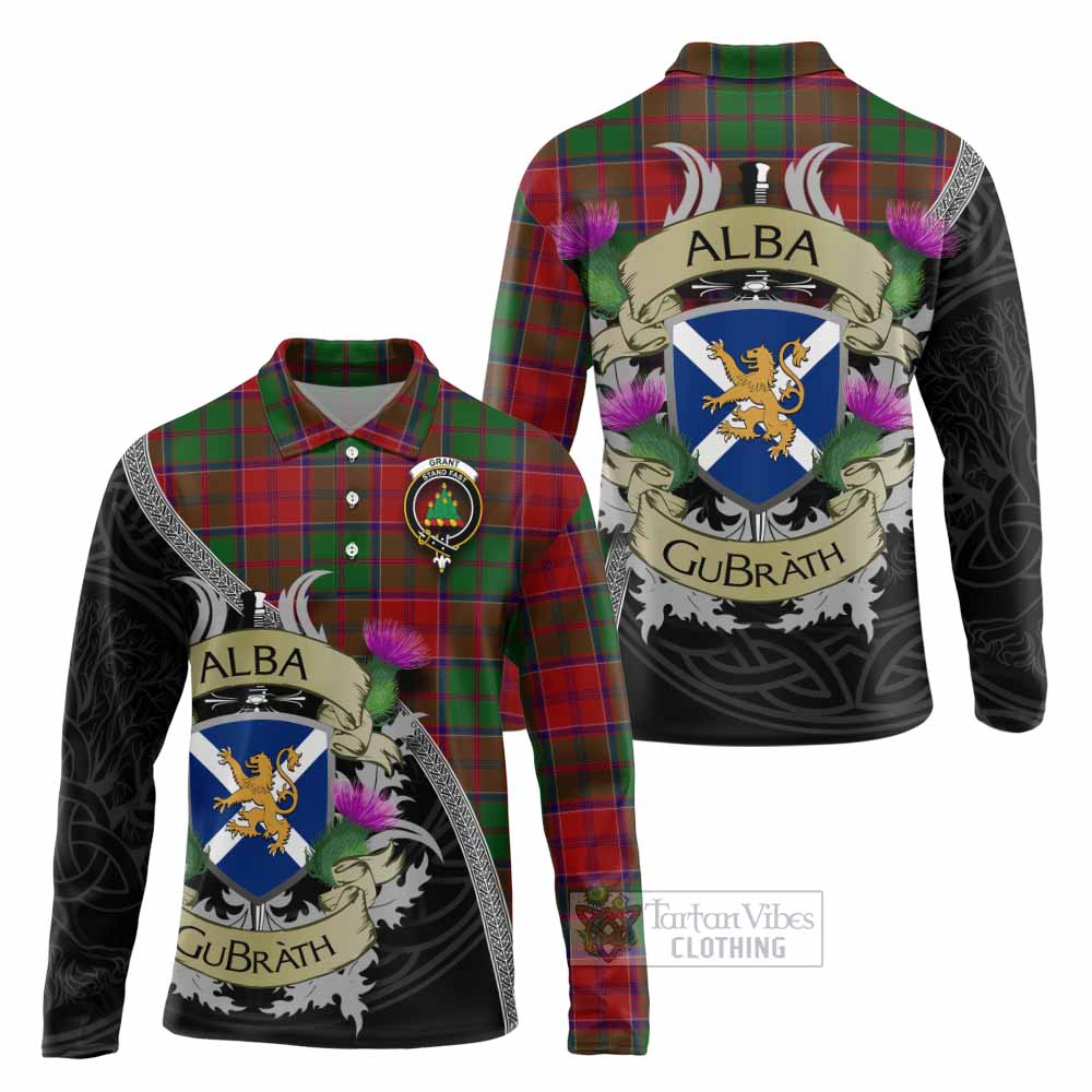 Tartan Vibes Clothing Grant Tartan Family Crest Long Sleeve Polo Shirt Lion Rampant Royal Thistle Shield Celtic Inspired