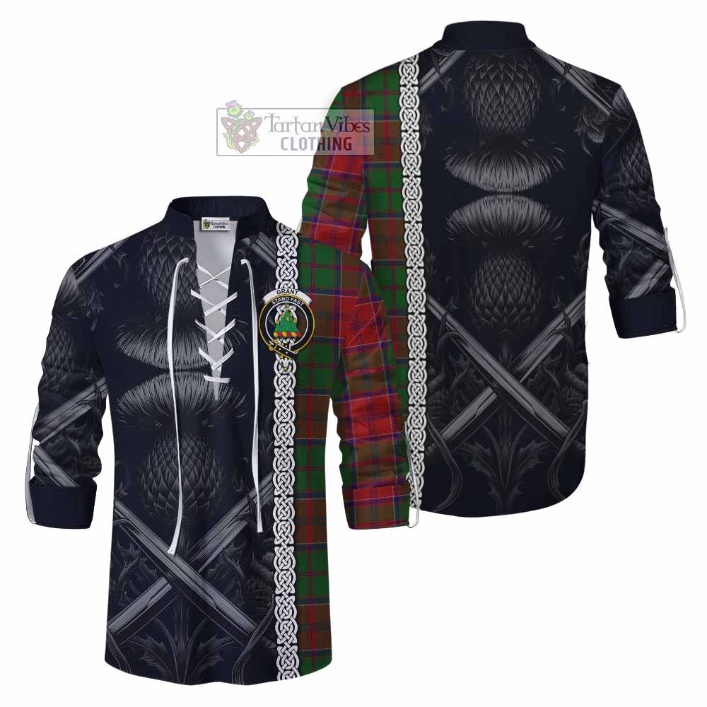 Tartan Vibes Clothing Grant Tartan Ghillie Kilt Shirt with Family Crest Cross Sword Thistle Celtic Vibes