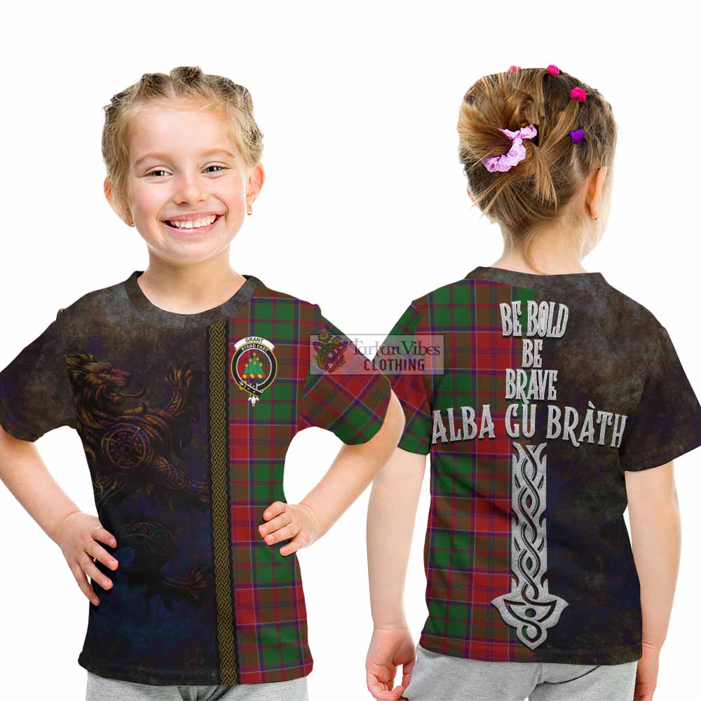 Tartan Vibes Clothing Grant Tartan Family Crest Kid T-Shirt Alba Gu Brath Be Brave Lion Ancient Style