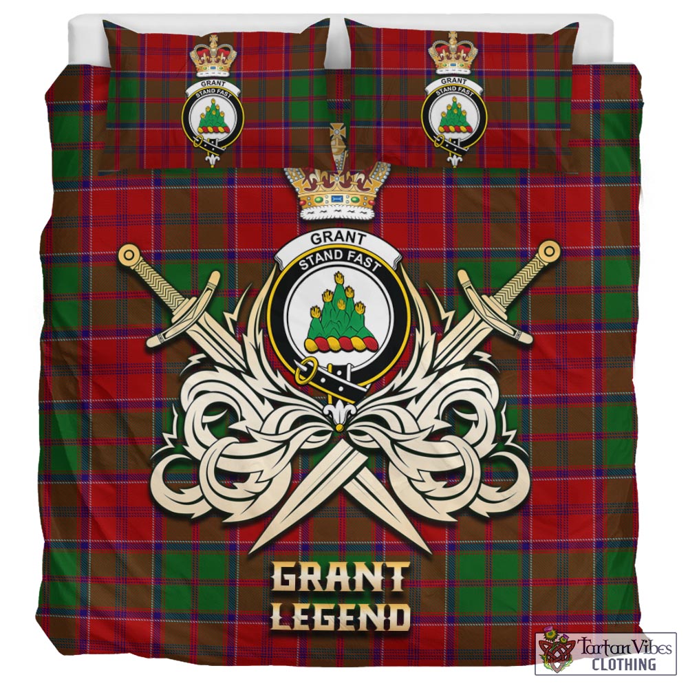 Tartan Vibes Clothing Grant Tartan Bedding Set with Clan Crest and the Golden Sword of Courageous Legacy