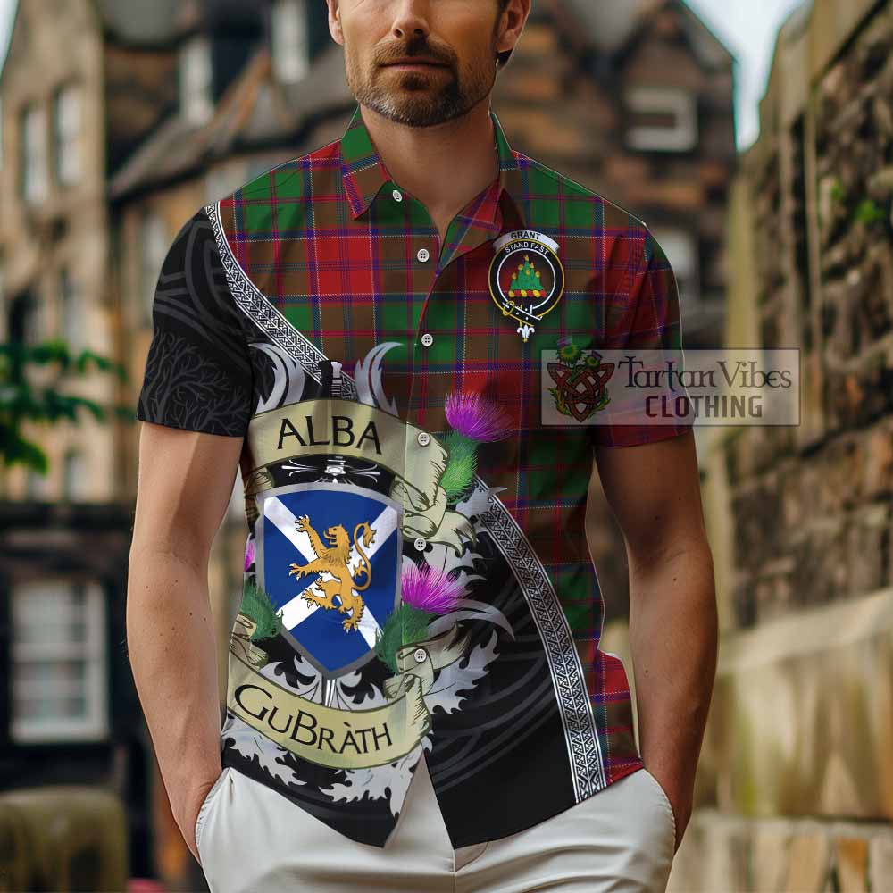 Tartan Vibes Clothing Grant Tartan Family Crest Short Sleeve Button Shirt Lion Rampant Royal Thistle Shield Celtic Inspired