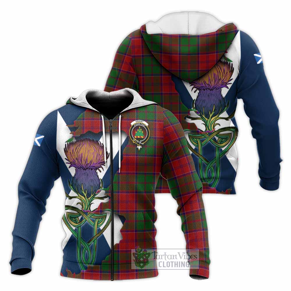 Tartan Vibes Clothing Grant Tartan Family Crest Knitted Hoodie Scottish Thistle Celtic Inspired