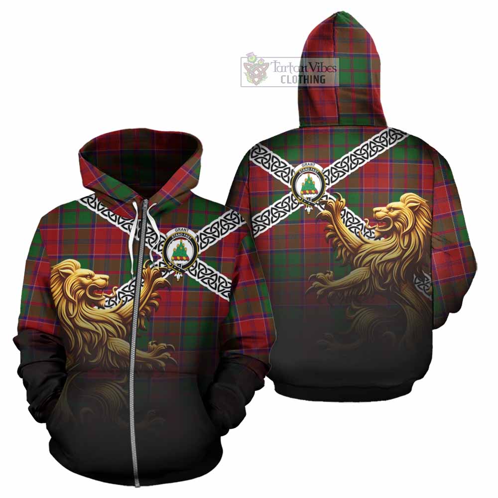 Tartan Vibes Clothing Grant Crest Tartan Hoodie with Golden Lion Emblem Celtic Style