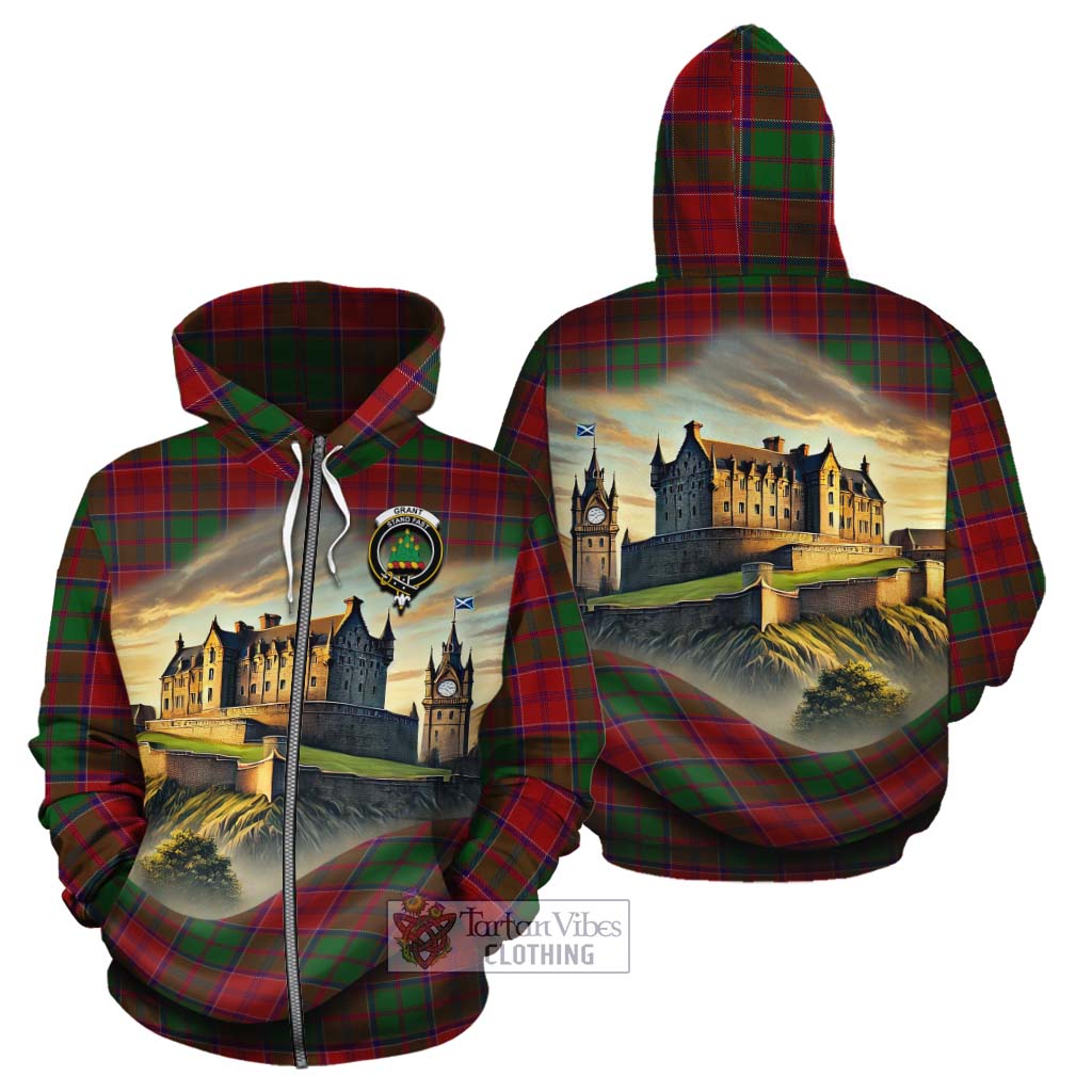 Tartan Vibes Clothing Grant Tartan Family Crest Cotton Hoodie with Scottish Ancient Castle Style