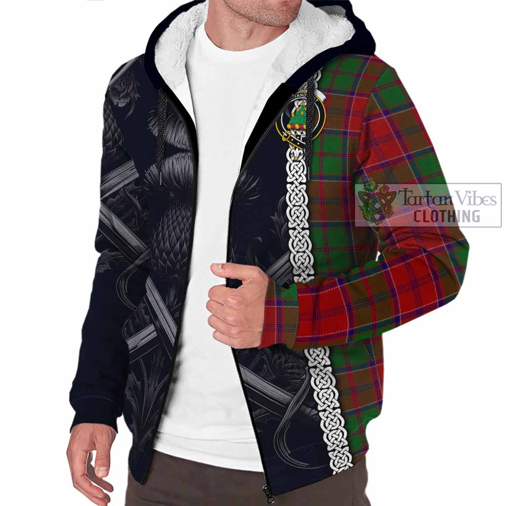 Tartan Vibes Clothing Grant Tartan Sherpa Hoodie with Family Crest Cross Sword Thistle Celtic Vibes