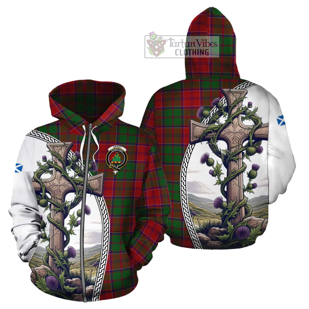 Tartan Vibes Clothing Grant Tartan Cotton Hoodie with Family Crest and St. Andrew's Cross Accented by Thistle Vines