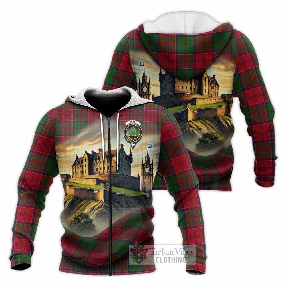 Tartan Vibes Clothing Grant Tartan Family Crest Knitted Hoodie with Scottish Ancient Castle Style