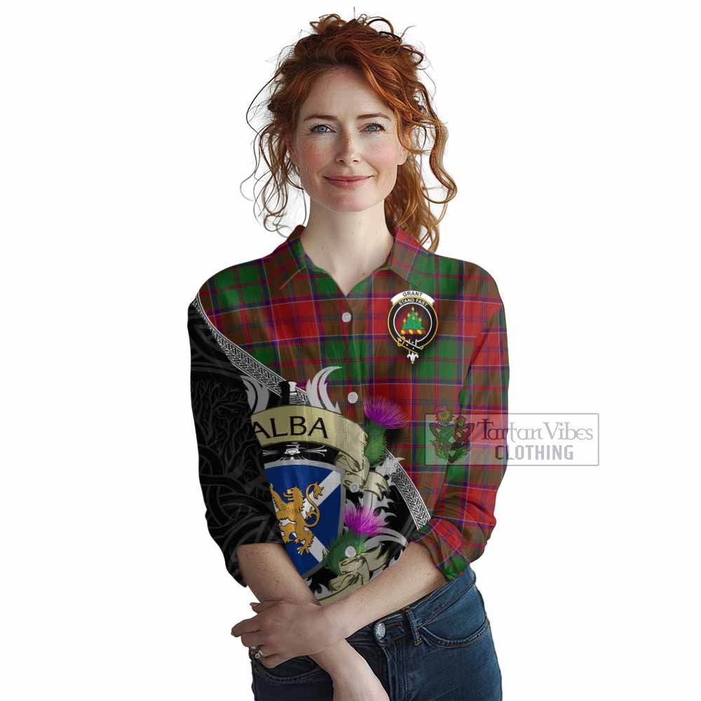 Tartan Vibes Clothing Grant Tartan Family Crest Women's Casual Shirt Lion Rampant Royal Thistle Shield Celtic Inspired