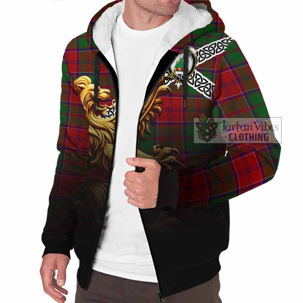 Tartan Vibes Clothing Grant Crest Tartan Sherpa Hoodie with Golden Lion Emblem Celtic Style