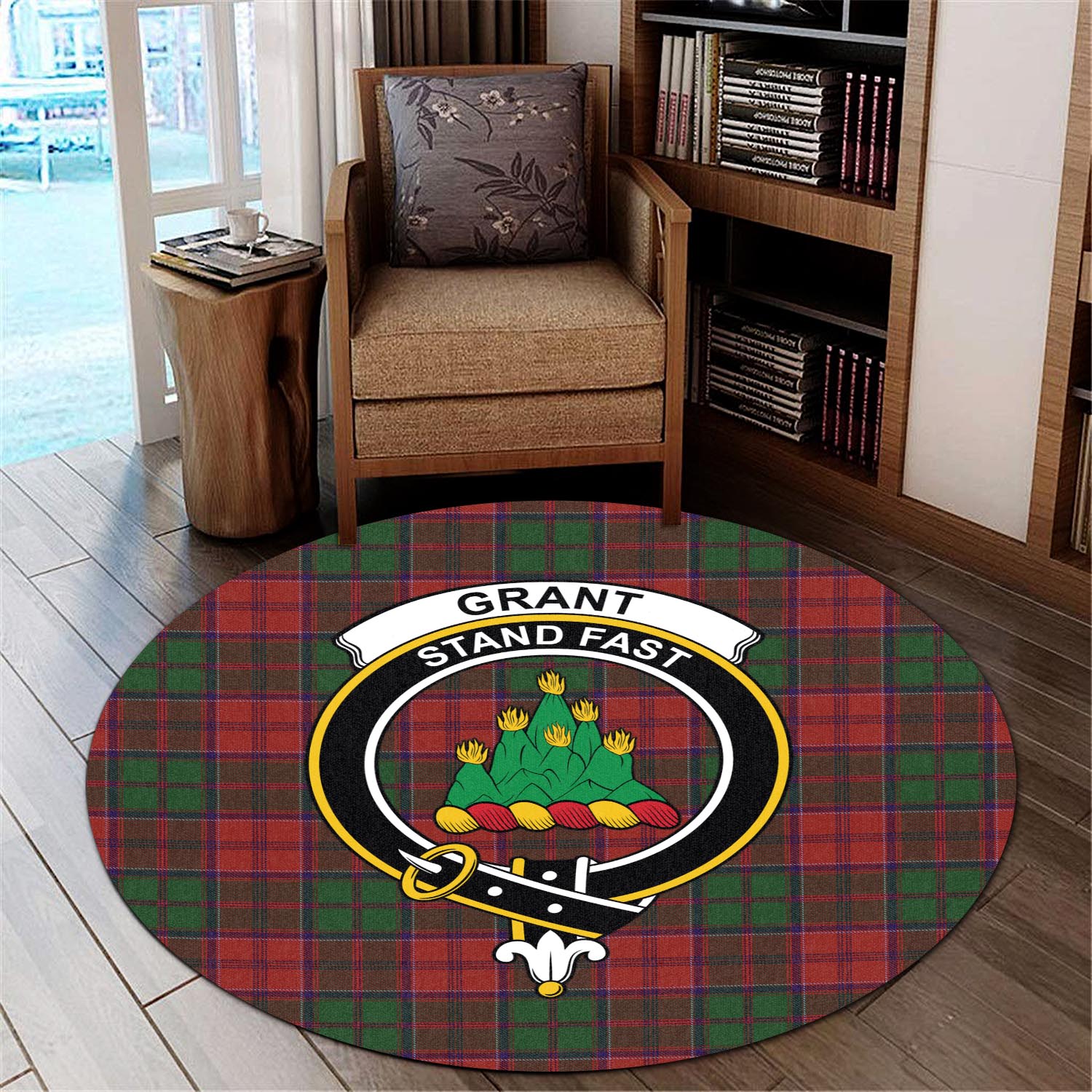 grant-tartan-round-rug-with-family-crest