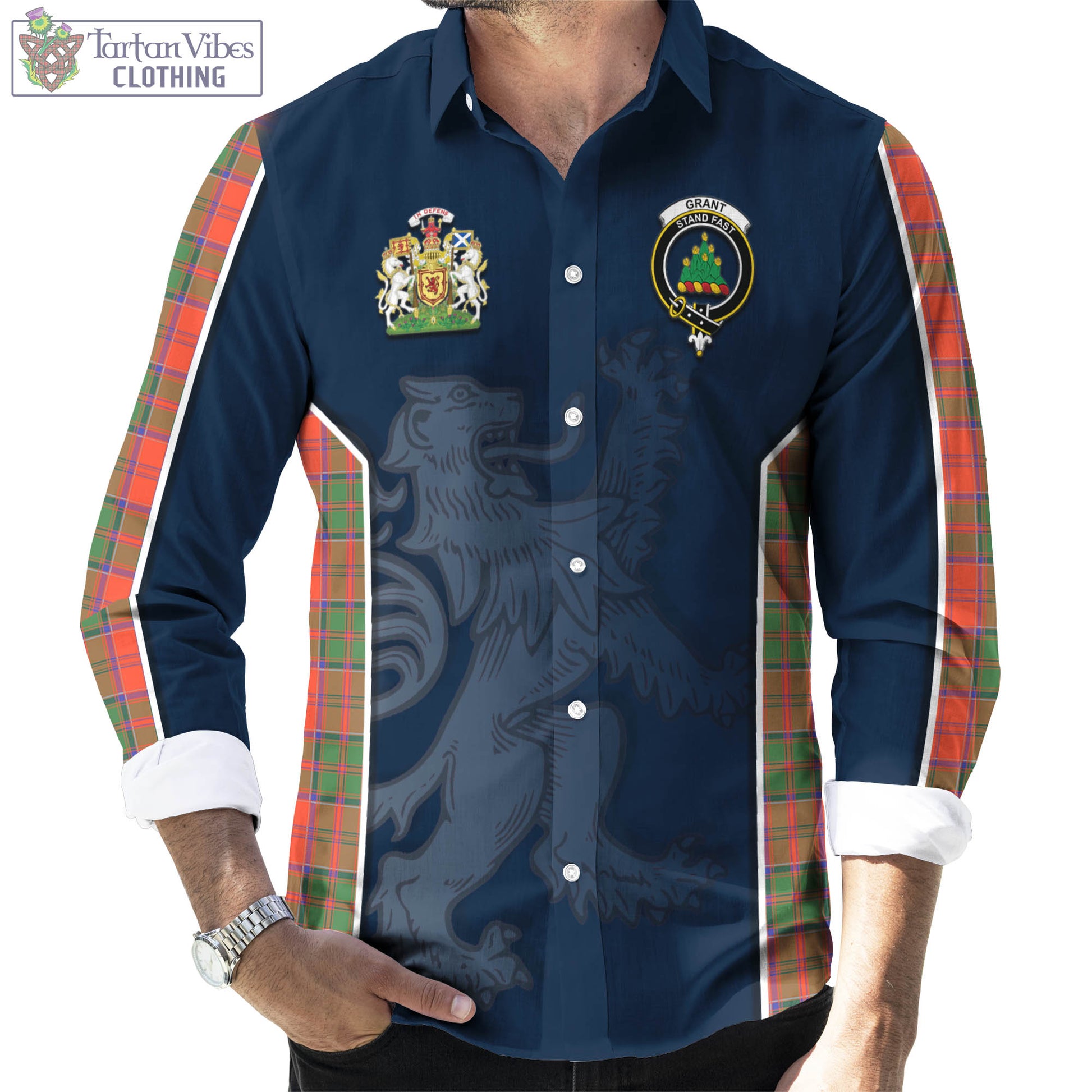 Tartan Vibes Clothing Grant Ancient Tartan Long Sleeve Button Up Shirt with Family Crest and Lion Rampant Vibes Sport Style