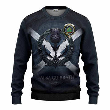 Grant Clan Crest Knitted Sweater with Celtic Knot Thistle and Saltire