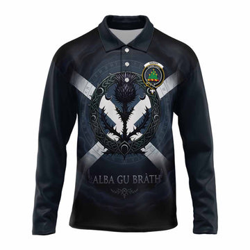 Grant Clan Crest Long Sleeve Polo Shirt with Celtic Knot Thistle and Saltire