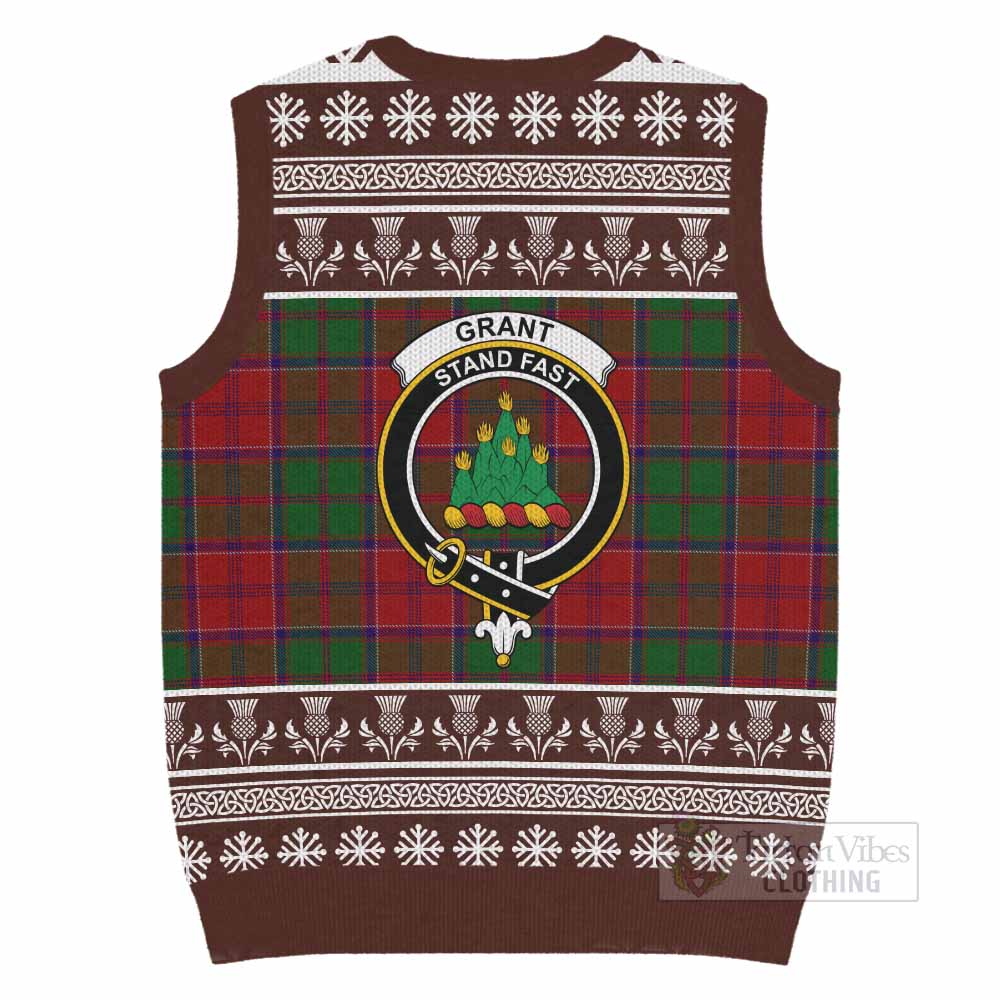 Grant Clan Tartan Christmas Knitted V-Neck Vest with Family Crest - Tartan Vibes Clothing