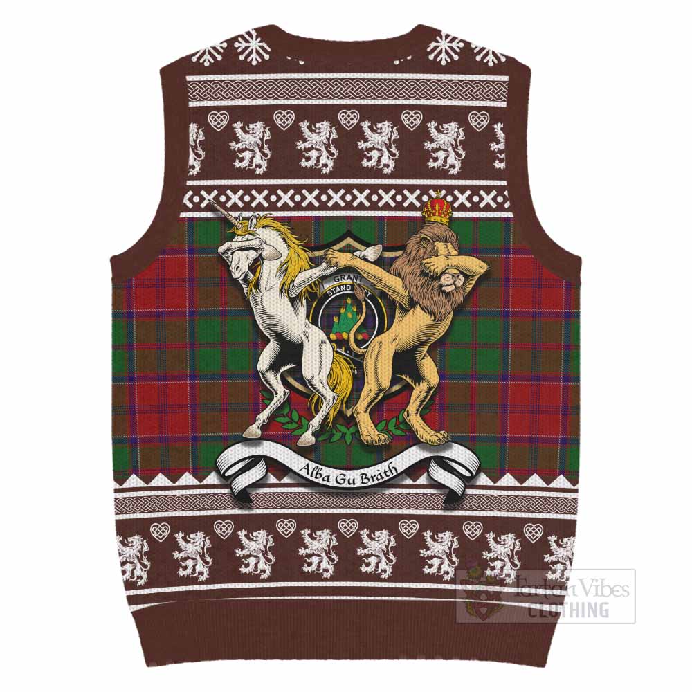 Grant Clan Tartan Crest Christmas Knitted V-Neck Vest Coat of Arms Funny Style - Tartan Vibes Clothing