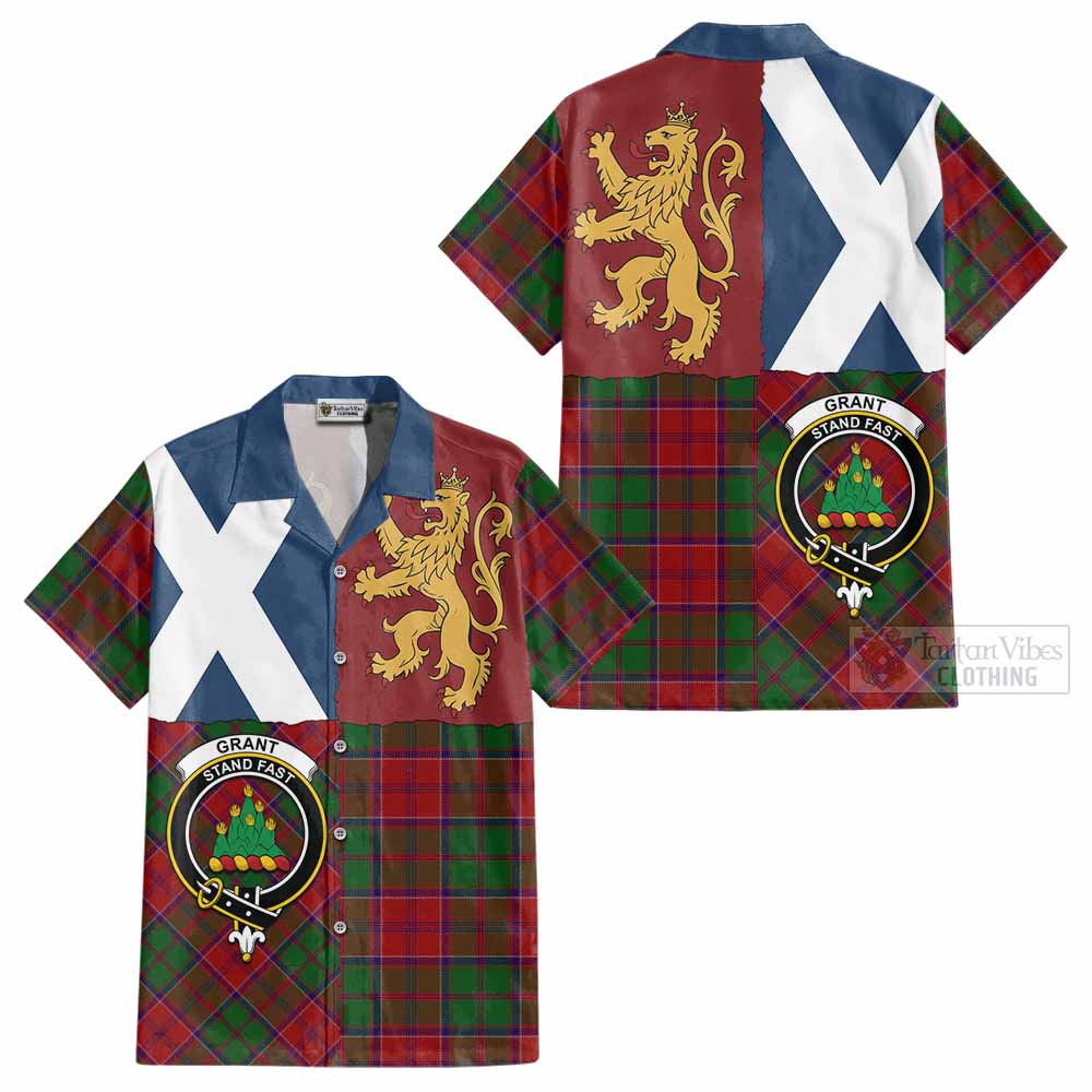 Grant Crest Tartan Cotton Hawaiian Shirt with Lion Rampant Saltire Style - Tartan Vibes Clothing
