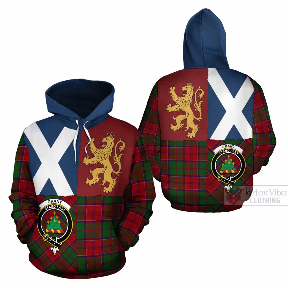 Grant Crest Tartan Cotton Hoodie with Lion Rampant Saltire Style - Tartan Vibes Clothing