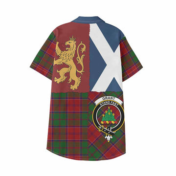 Grant Crest Tartan Kid Hawaiian Shirt with Lion Rampant Saltire Style