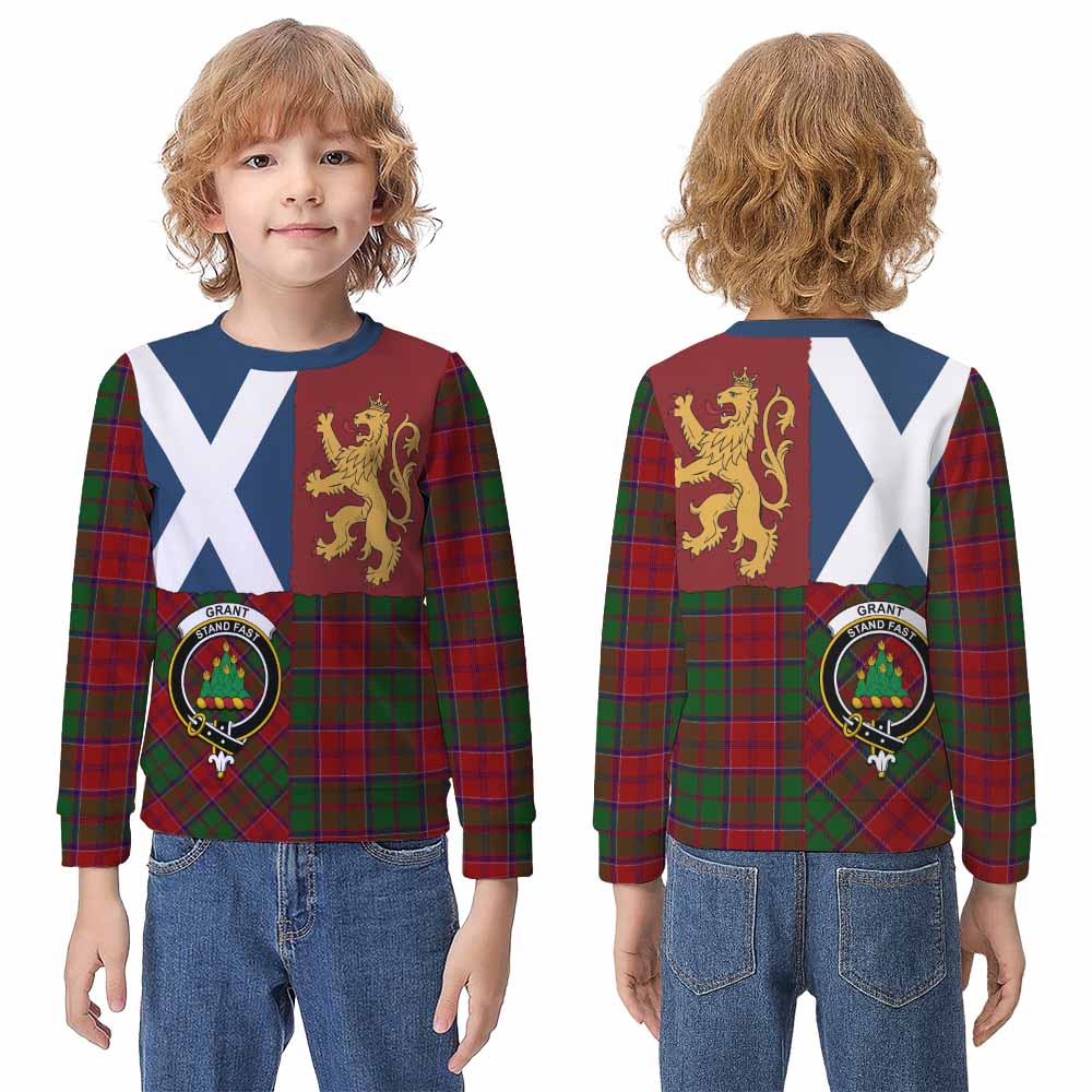 Grant Crest Tartan Kid Knitted Sweatshirt with Lion Rampant Saltire Style - Tartan Vibes Clothing