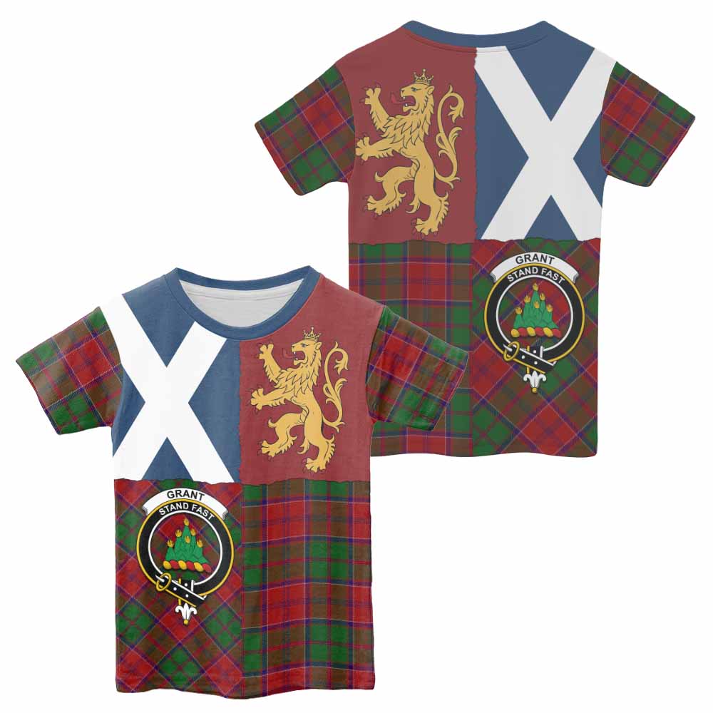 Grant Crest Tartan Kid T-shirt with Lion Rampant Saltire Style - Tartan Vibes Clothing