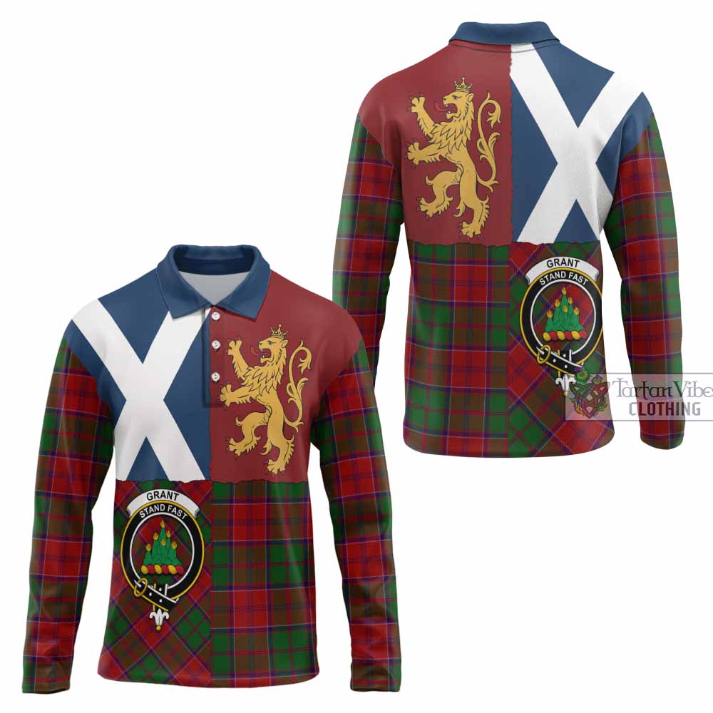 Grant Crest Tartan Long Sleeve Polo Shirt with Lion Rampant Saltire Style