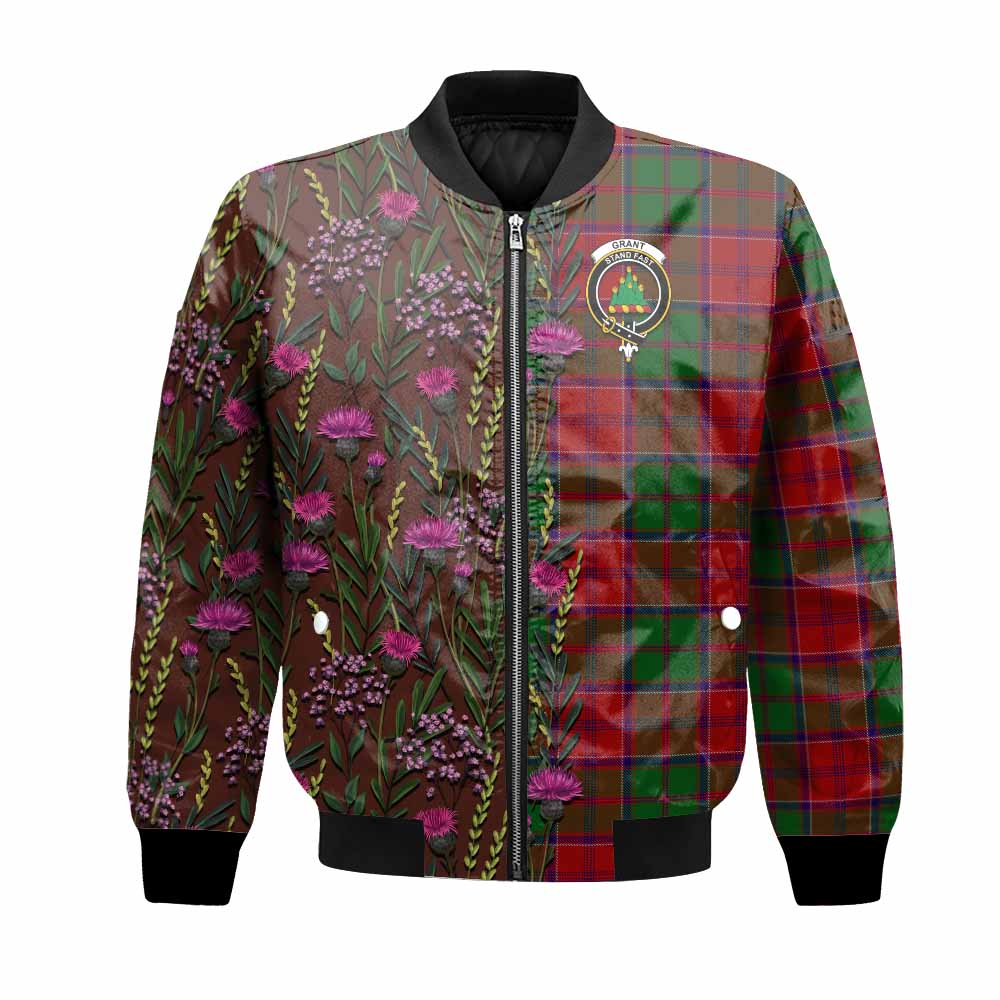Grant Family Crest Tartan Bomber Jacket Scottish Thistle Flower Pattern Half Style - Tartan Vibes Clothing