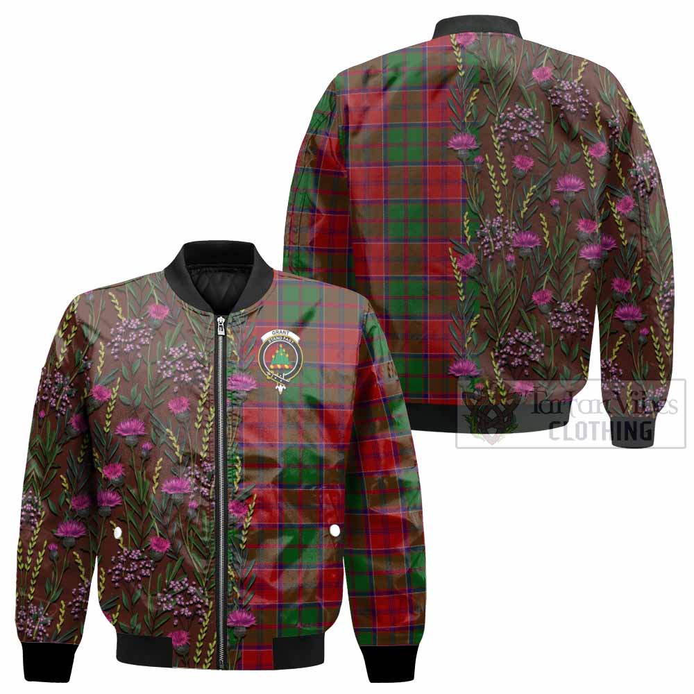 Grant Family Crest Tartan Bomber Jacket Scottish Thistle Flower Pattern Half Style - Tartan Vibes Clothing