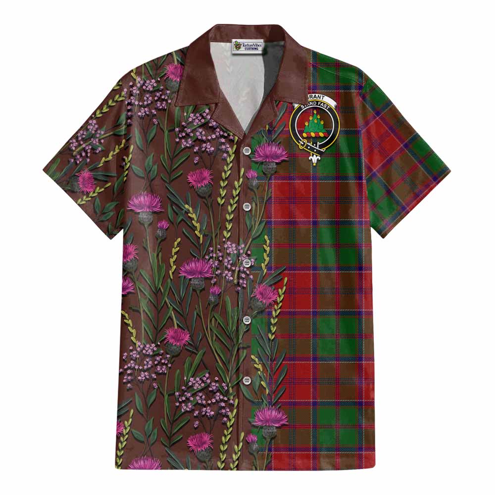 Grant Family Crest Tartan Cotton Hawaiian Shirt Scottish Thistle Flower Pattern Half Style - Tartan Vibes Clothing