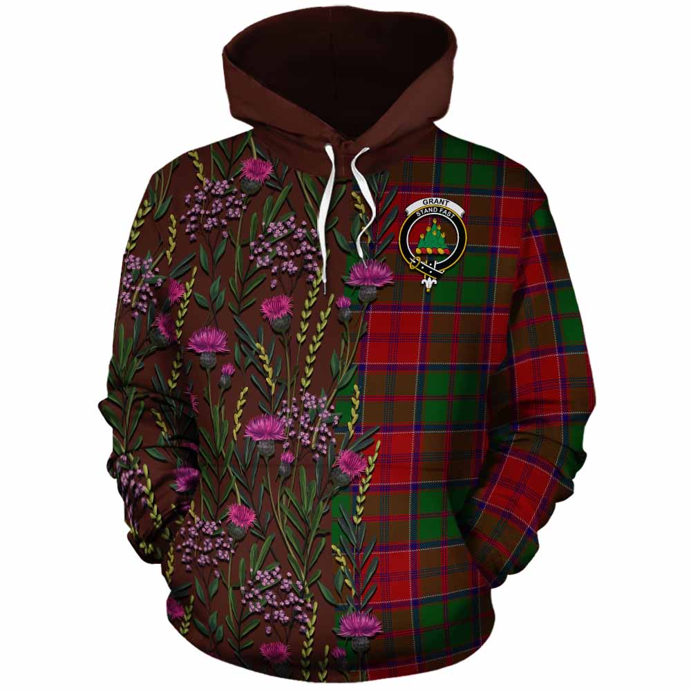 Grant Family Crest Tartan Cotton Hoodie Scottish Thistle Flower Pattern Half Style - Tartan Vibes Clothing