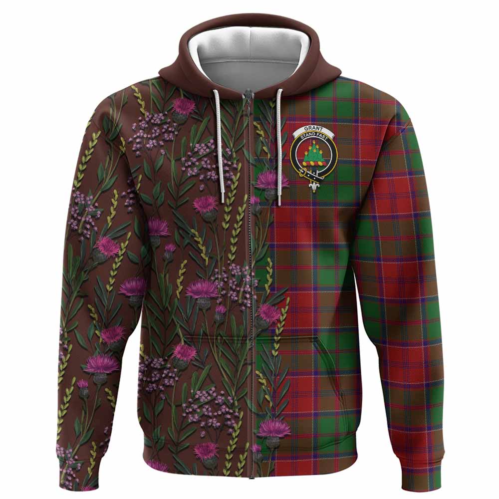 Grant Family Crest Tartan Hoodie Scottish Thistle Flower Pattern Half Style - Tartan Vibes Clothing