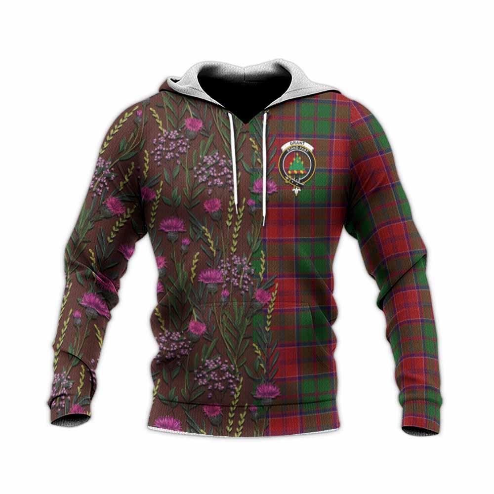 Grant Family Crest Tartan Knitted Hoodie Scottish Thistle Flower Pattern Half Style - Tartan Vibes Clothing