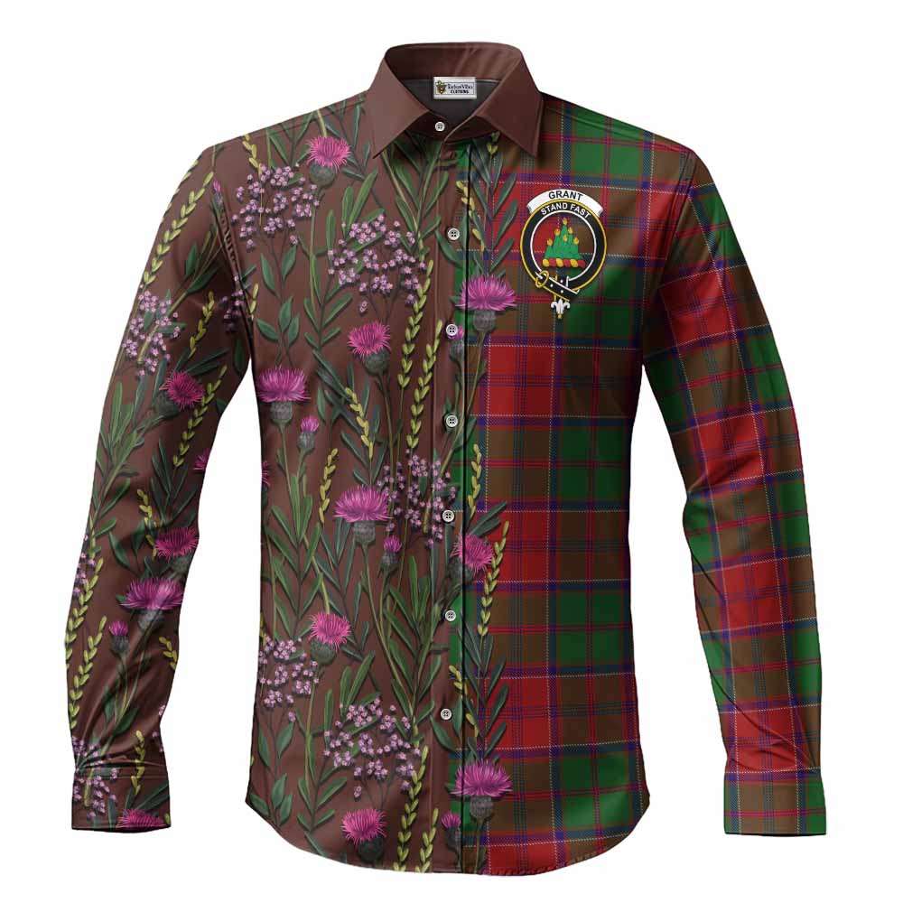 Grant Family Crest Tartan Long Sleeve Button Shirts Scottish Thistle Flower Pattern Half Style - Tartan Vibes Clothing
