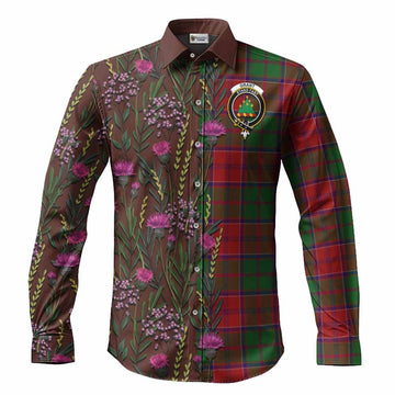 Grant Family Crest Tartan Long Sleeve Button Shirts Scottish Thistle Flower Pattern Half Style