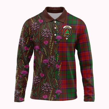 Grant Family Crest Tartan Long Sleeve Polo Shirt Scottish Thistle Flower Pattern Half Style