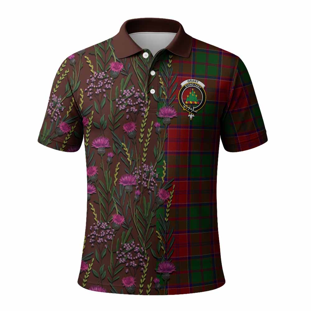 Grant Family Crest Tartan Polo Shirt Scottish Thistle Flower Pattern Half Style - Tartan Vibes Clothing