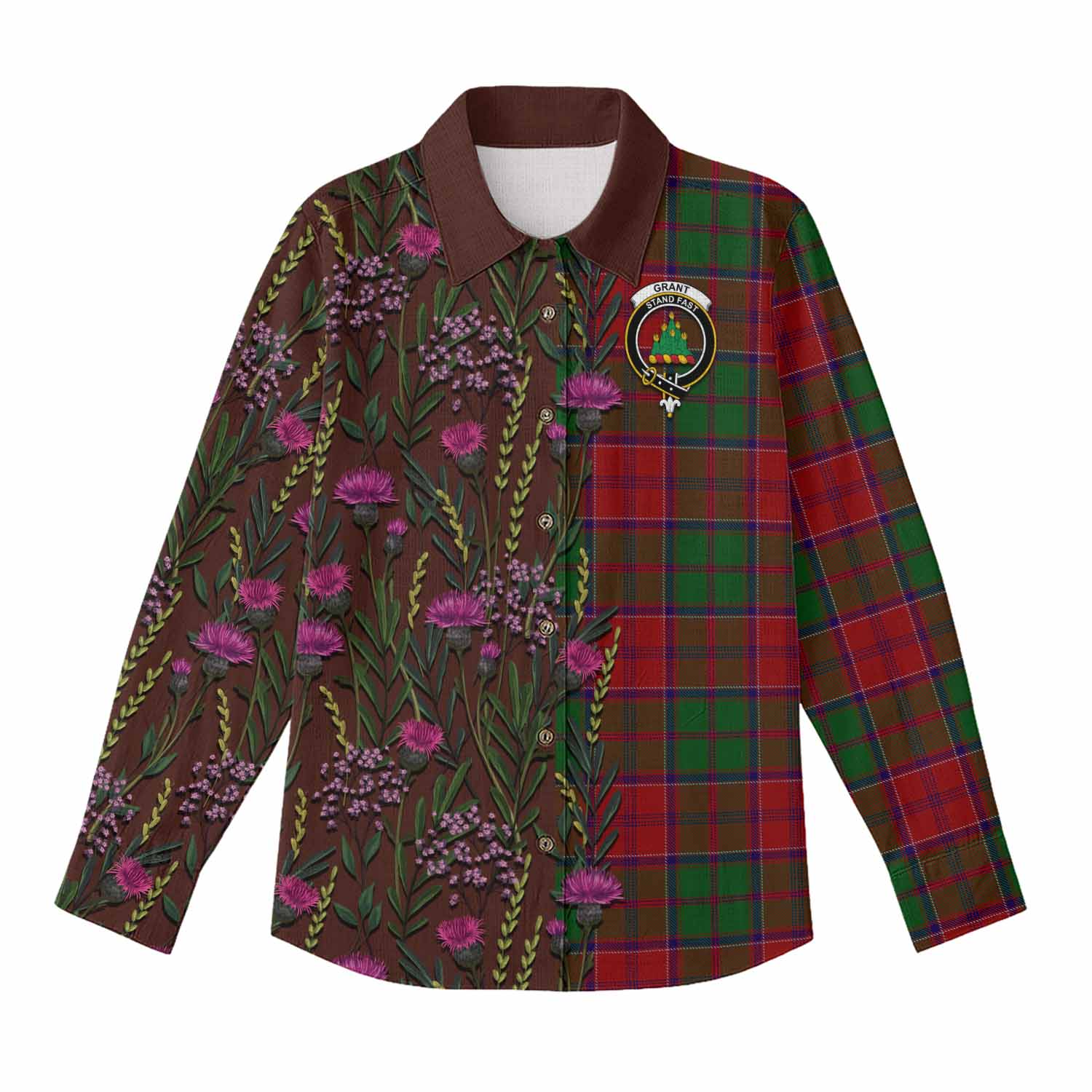Grant Family Crest Tartan Women Casual Shirt Scottish Thistle Flower Pattern Half Style - Tartan Vibes Clothing