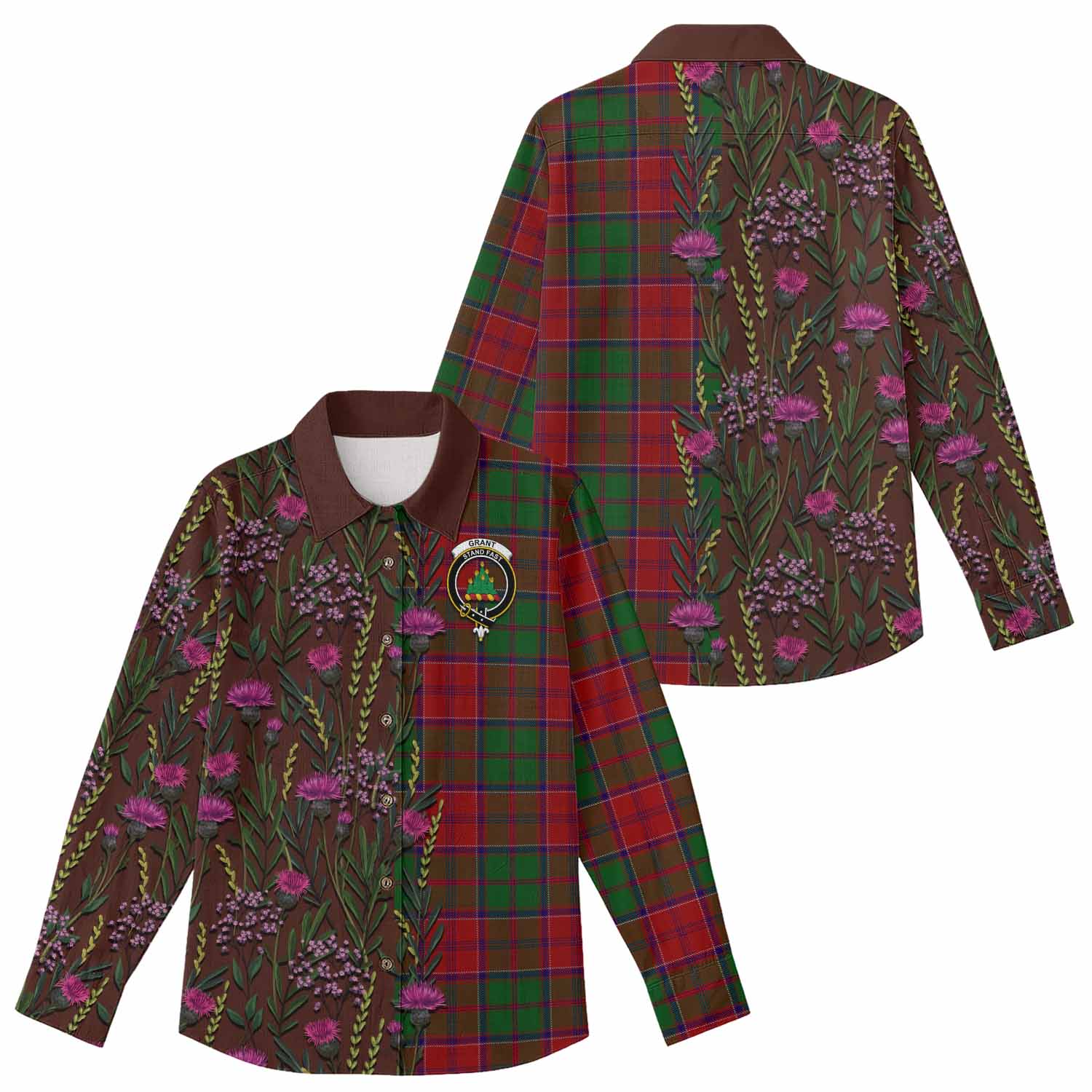 Grant Family Crest Tartan Women Casual Shirt Scottish Thistle Flower Pattern Half Style - Tartan Vibes Clothing