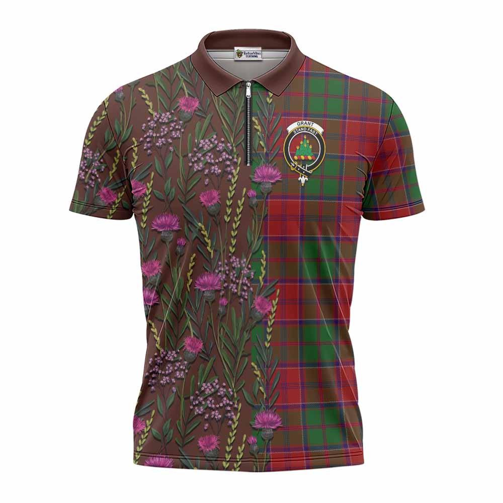 Grant Family Crest Tartan Zipper Polo Shirt Scottish Thistle Flower Pattern Half Style - Tartan Vibes Clothing