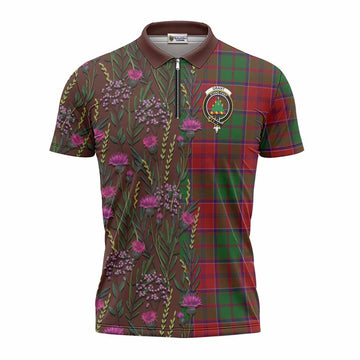 Grant Family Crest Tartan Zipper Polo Shirt Scottish Thistle Flower Pattern Half Style - Tartan Vibes Clothing