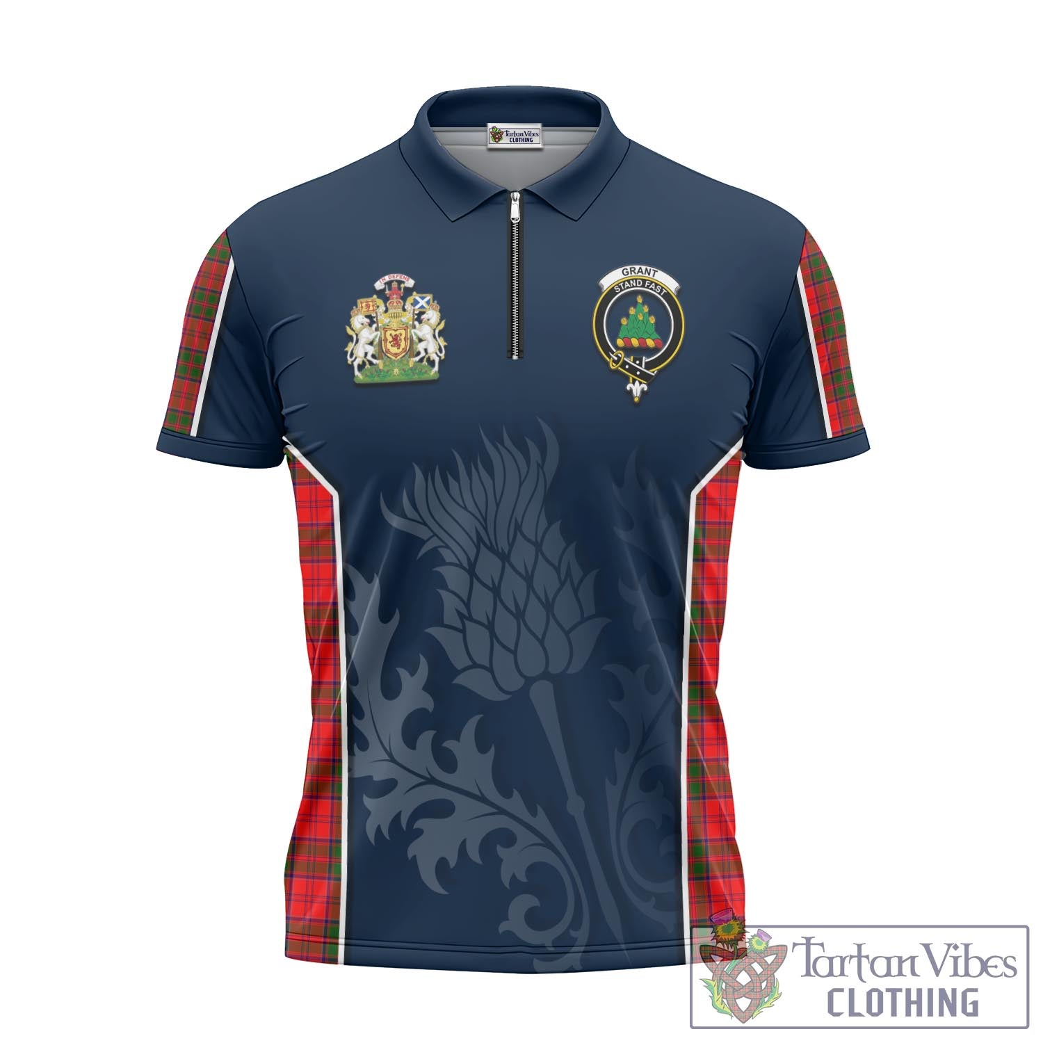 Tartan Vibes Clothing Grant Modern Tartan Zipper Polo Shirt with Family Crest and Scottish Thistle Vibes Sport Style