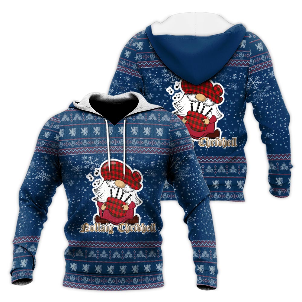 Grant Modern Clan Christmas Knitted Hoodie with Funny Gnome Playing Bagpipes Blue - Tartanvibesclothing