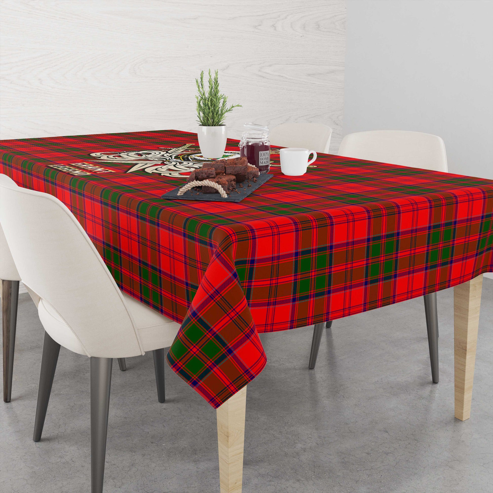 Tartan Vibes Clothing Grant Modern Tartan Tablecloth with Clan Crest and the Golden Sword of Courageous Legacy