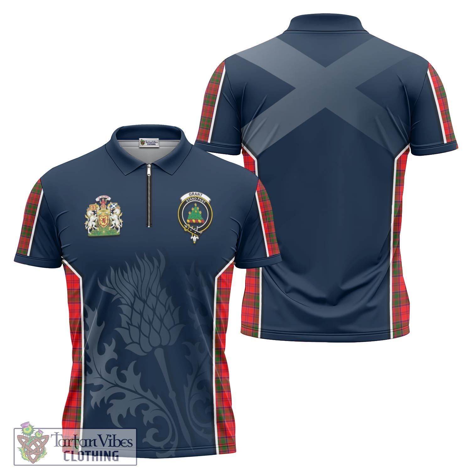 Tartan Vibes Clothing Grant Modern Tartan Zipper Polo Shirt with Family Crest and Scottish Thistle Vibes Sport Style