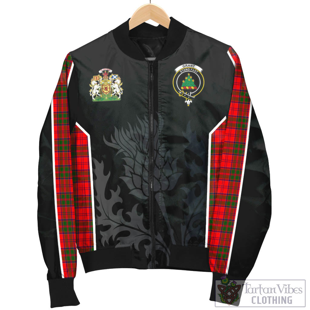 Tartan Vibes Clothing Grant Modern Tartan Bomber Jacket with Family Crest and Scottish Thistle Vibes Sport Style
