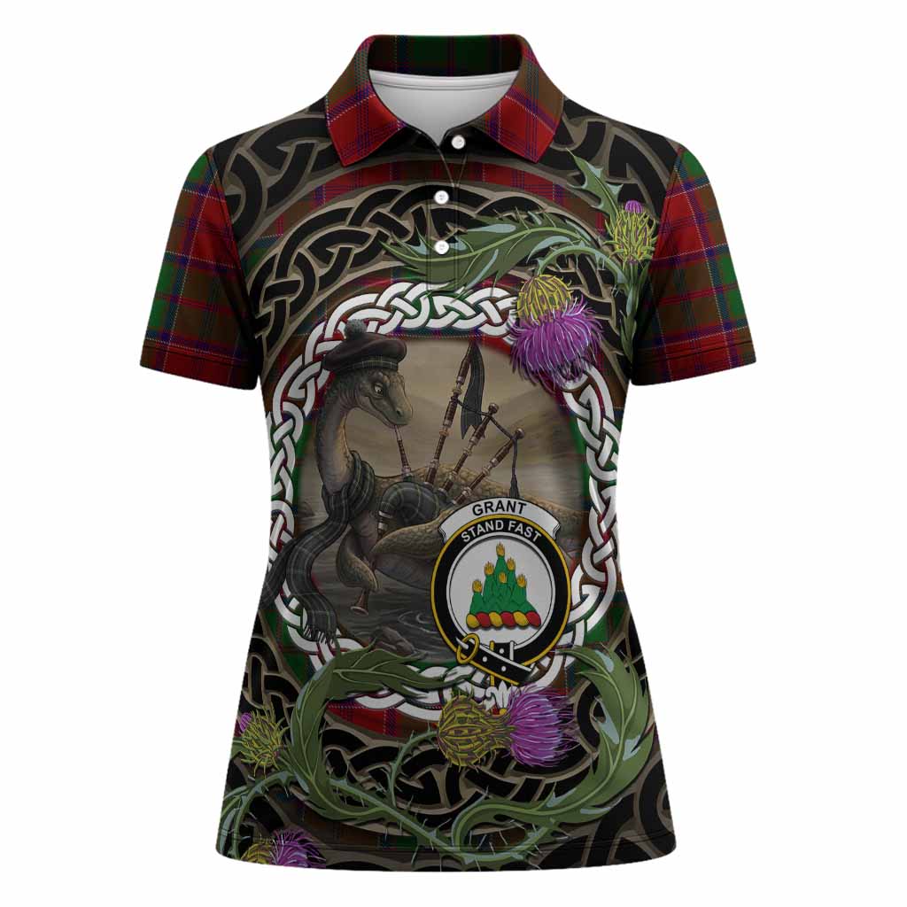 Grant Tartan Crest Bagpipe Nessie Women Polo Shirt Scottish Loch Ness Monster Celtic Thistle